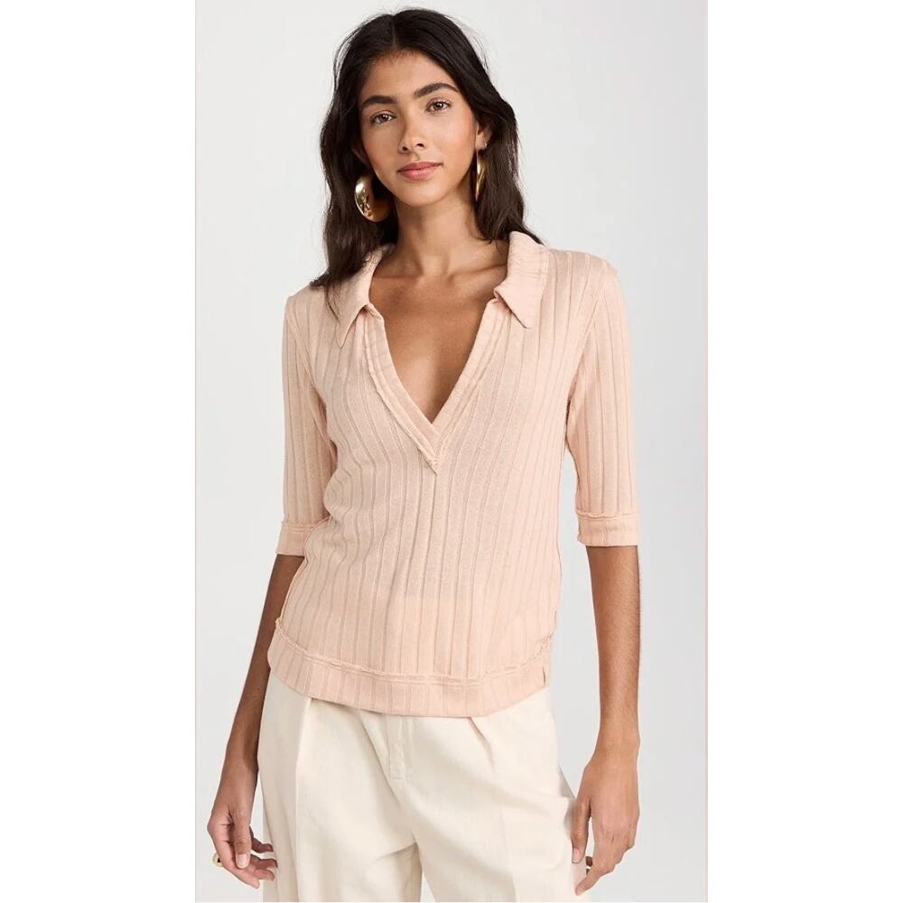 NWT New Free People We The Free Krystal Rib Polo Peach Shirt Size XS